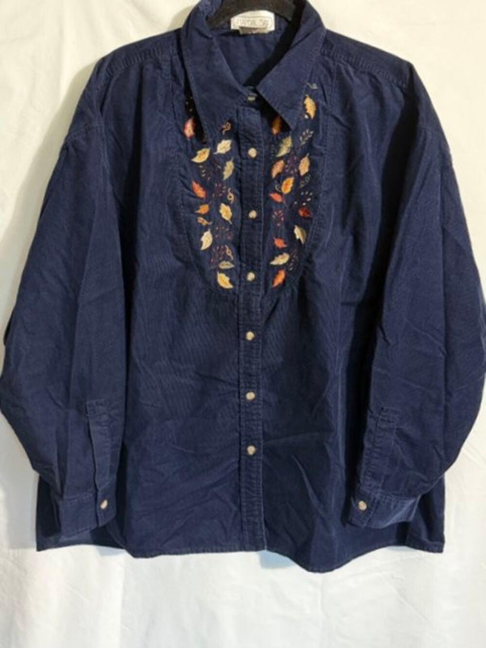 Mandal Bay Women's 3X Fall Leaves Navy Pinwale Corduroy Top Autumn Embroidered